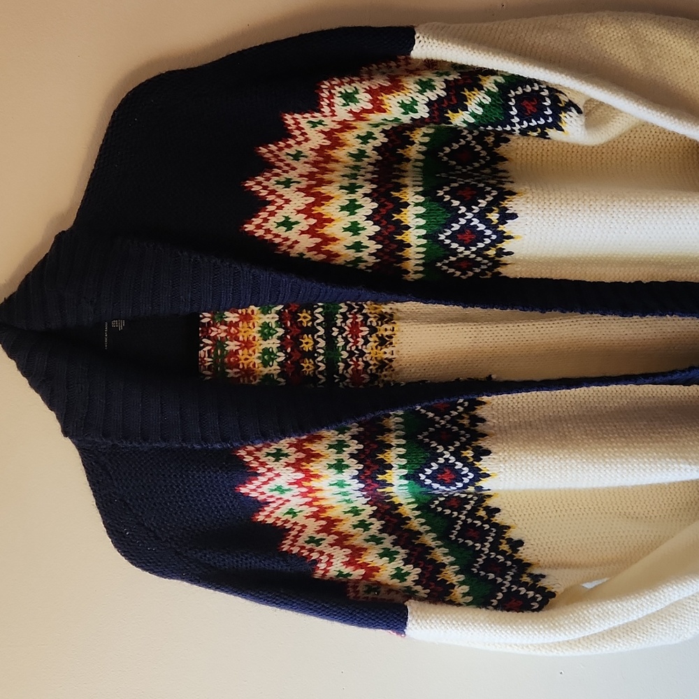 American Eagle Fair Isle Cardigan Chunky Knit Cream Navy Pockets, Size Xxl - Picture 3 of 12